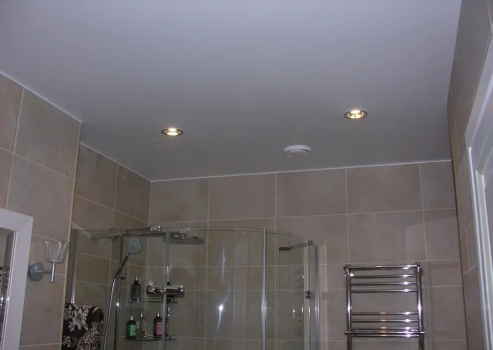 Точечные светильники на ровном потолке ванной комнаты