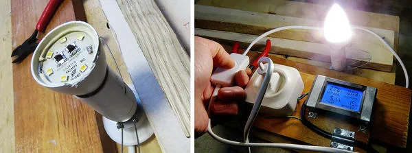 Светодиодная лампа подключена через встраиваемый измеритель мощности. После ремонта лампа потребляет 5,2 Вт. Фото автора