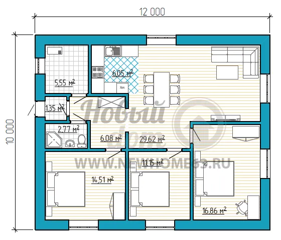 План одноэтажного коттеджа 10 на 12 метров с 3-мя спальными
