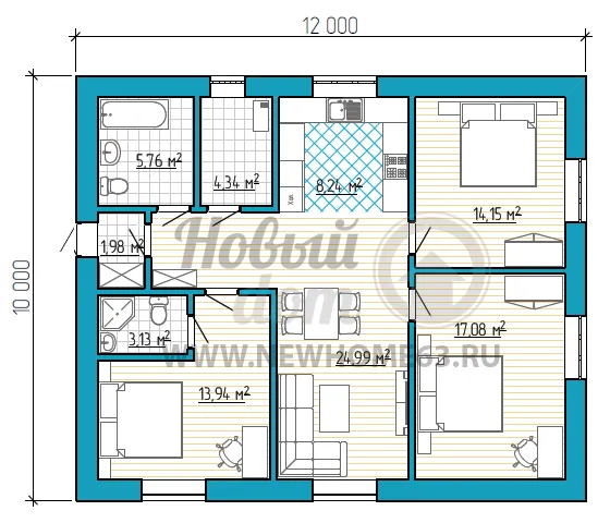 Планировка большого одноэтажного дома размером 10 на 12 метров с тремя большими спальными