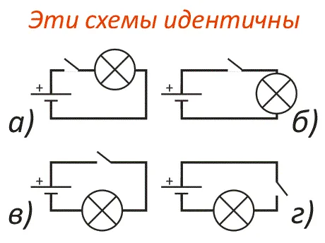 Разрешено передвигать элемент цепи вдоль проводника, соблюдая порядок соединений