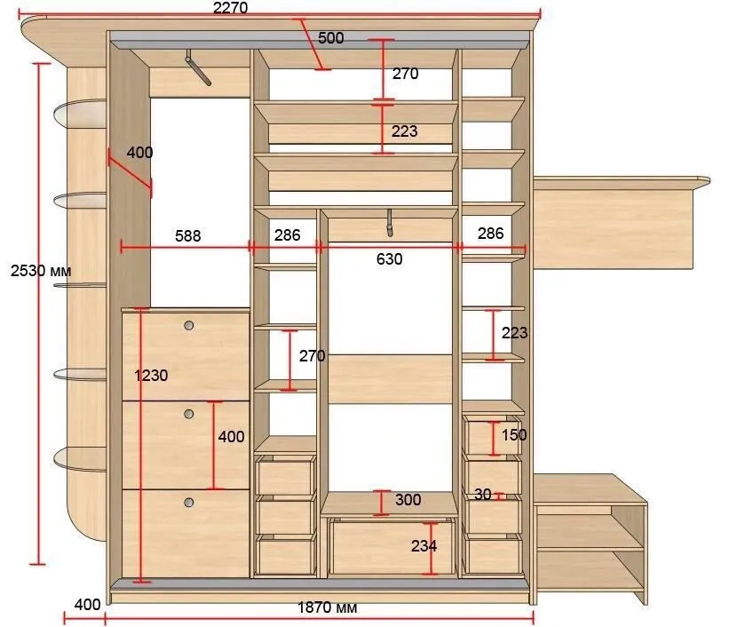 чертеж наполнения шкафа-купе в прихожую