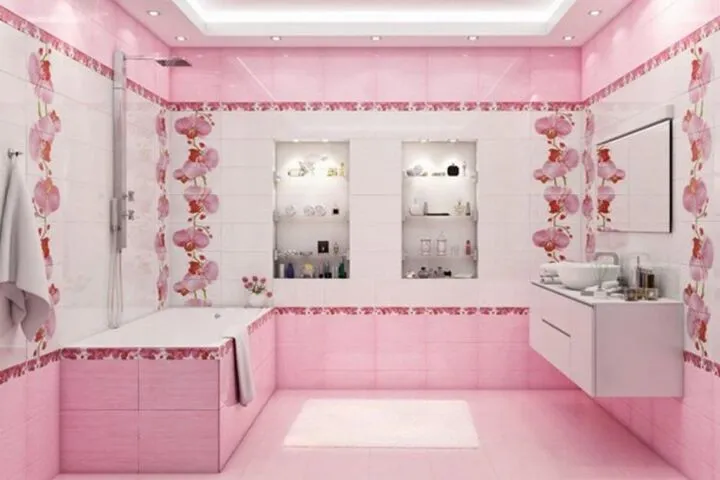 Дизайн ванной комнаты в розовом цвете выглядит романтично