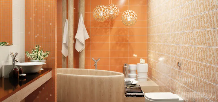 Оранжевый дизайн в ванной комнате всегда будет создавать позитивный настрой