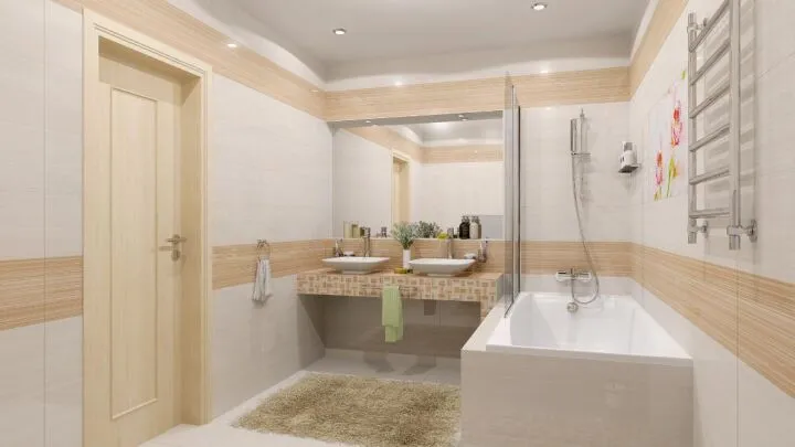 Беж – это светлый и тёплый оттенок, который сделает ванную комнату визуально больше