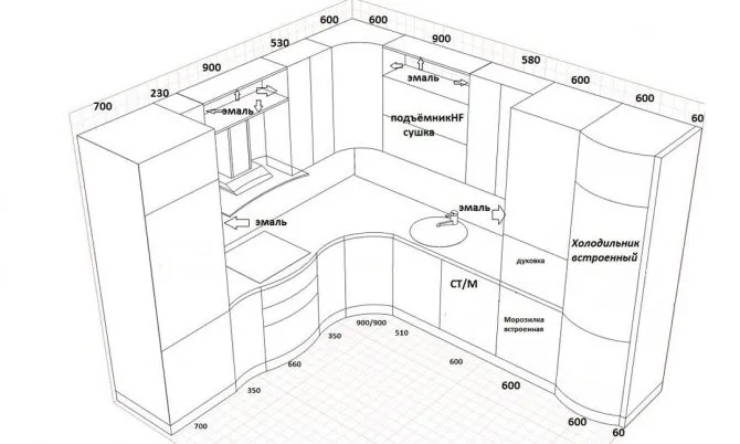 грамотный чертеж угловой кухни