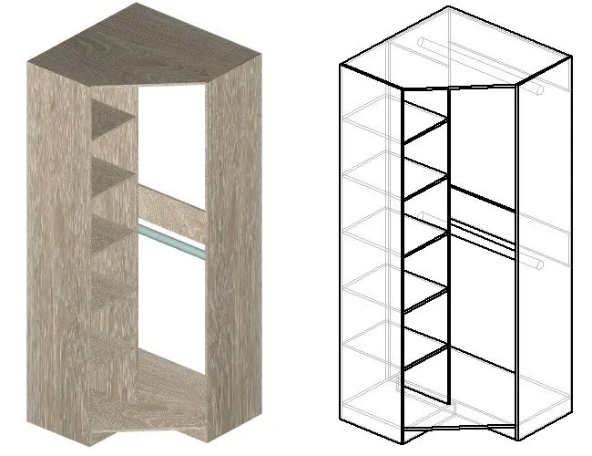 чертеж углового шкафа с 2 штангами
