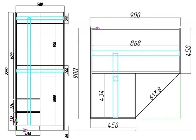 чертеж углового шкафа в прихожую с размерами