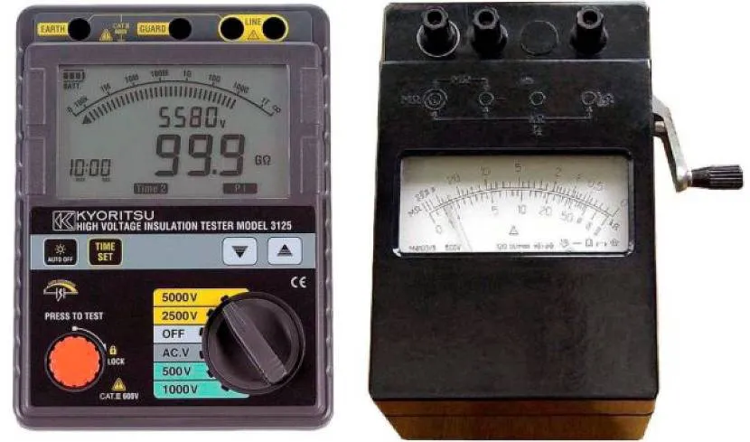 Два вида мегаомметров – ручной (справа) и электронный (слева)