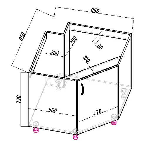 Чертежи с размерами углового шкафа под мойку трапецией