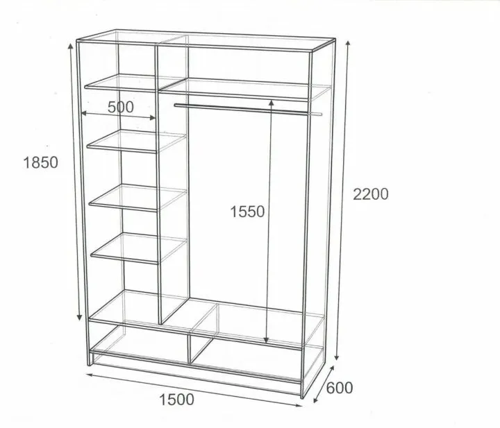 Пример планировки компактного двухдверного шкафа-купе 220х150х60 см