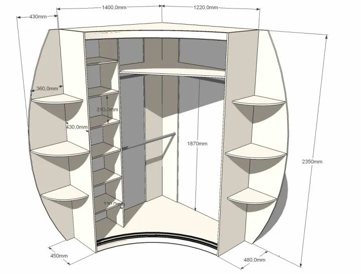 Планировка углового радиусного шкафа-купе с боковыми стеллажами