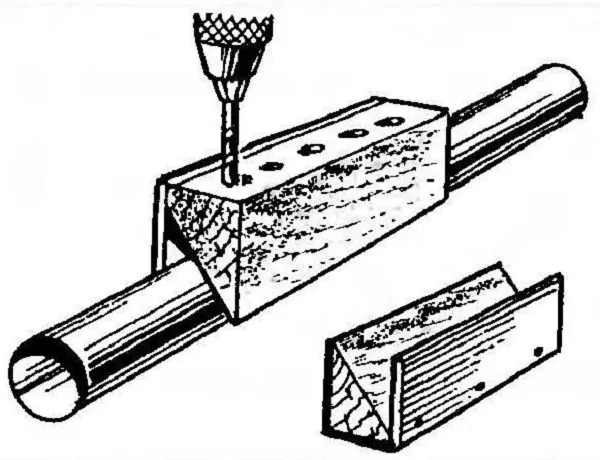 Схема сверления отверстий при помощи простейшего деревянного кондуктора