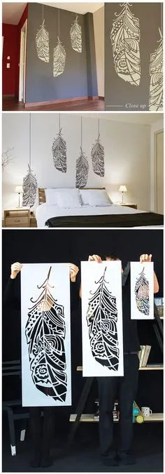 Feathers wall stencils / Scandinavian wall stencils. Now available in different sizes ! Large Wall Stencil, Stencil Diy, Tree Stencil, Large Stencils, Stenciling, Bedroom Art Diy, Home Decor Tips