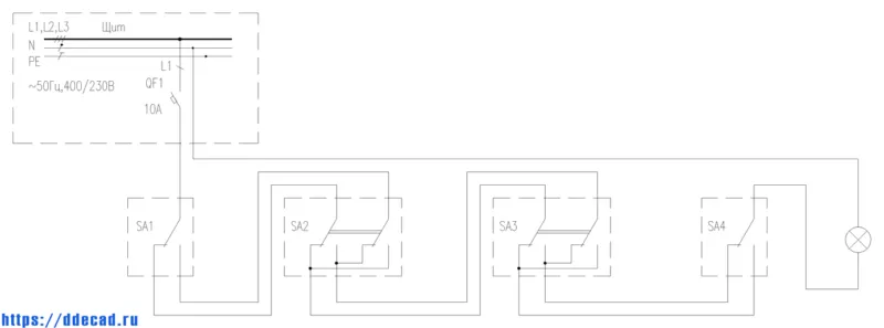 Схема управления освещением с четырех мест переключателями