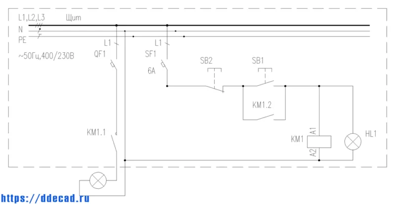 Управление освещением при помощи контактора и кнопок. Схема самоподхвата