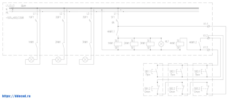 Управление освещением нескольких групп с нескольких мест при помощи контактора и кнопок - схема самоподхвата