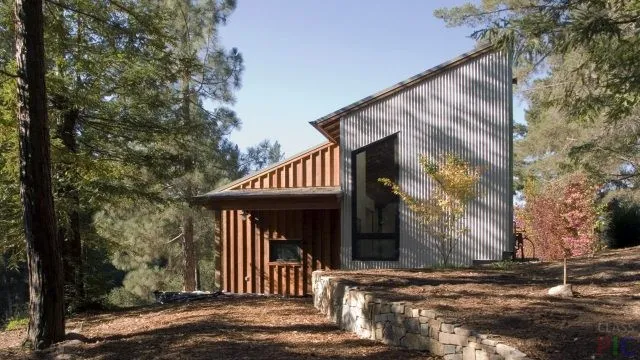 Дизайнерский дом с односкатной крышей на склоне холма в лесу