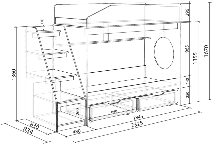 Чертеж двухъярусной кровати со ступенями и выдвижными ящиками