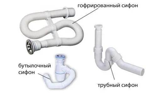 Выбрать и установить гофрированный сифон под раковину, бутылочный сифон под умывальник, труьный сифон под мойку.