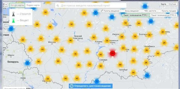 Так выглядит карта расположения вышек цифрового телевидения