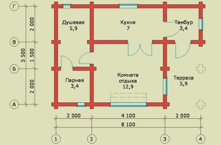 Проект бани с кухней и открытой террасой