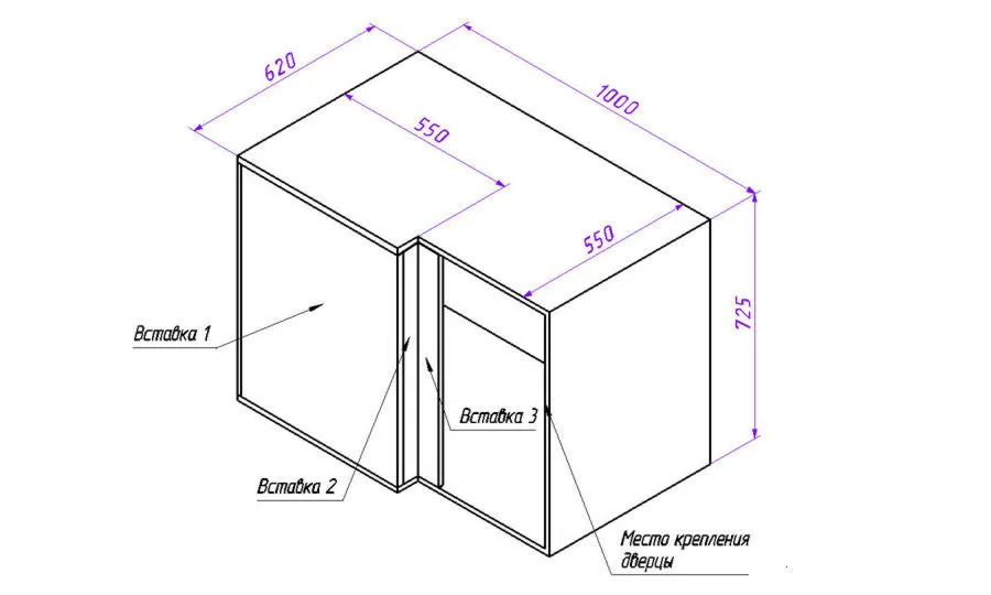 Прямой угловой кухонный шкаф чертеж. Нижний ряд.