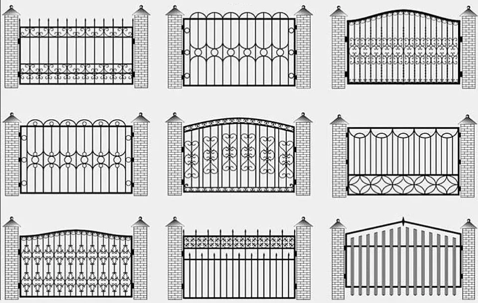Эскизы кованных секций забора с кирпичными опорами