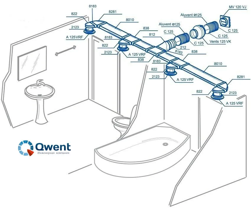 На изображении подробная схема монтажа воздуховодов вытяжки в санузле частного дома.