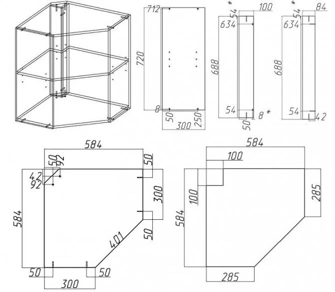 Чертеж со схемой засверловки на угловой навесной шкаф своими руками