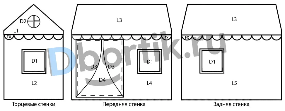 Выкройка домика из цельного полотна. Схема деталей выкройки.