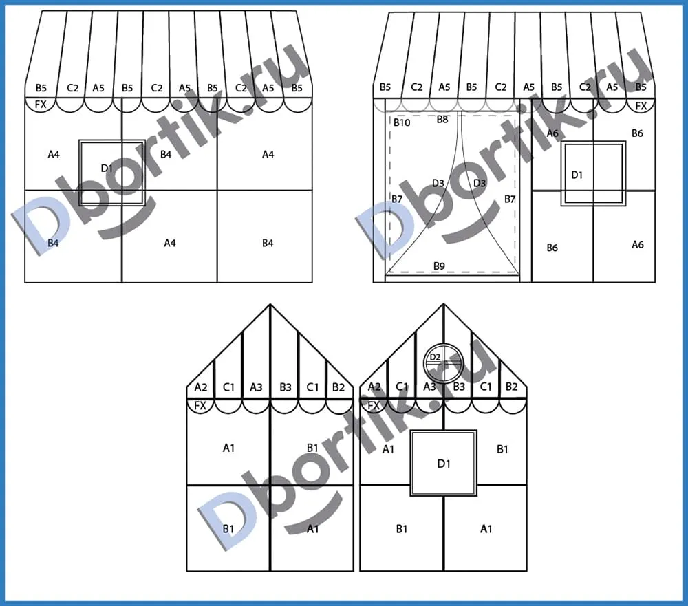 Схема деталей выкройки детского домика из отрезов ткани.