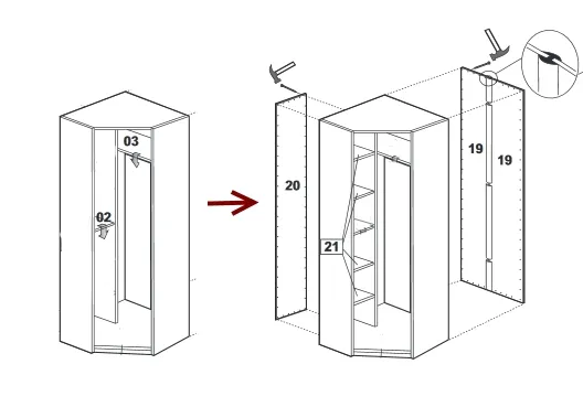Вкладываем полки 02 и 03 на маленькие штоки. Набиваем заднюю стенку 20 и 19. Добавляем полки 21