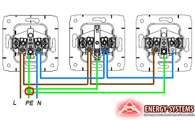 На фото представлена схема подключения нескольких розеток последовательно
