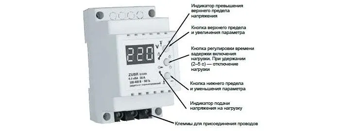 Внешний вид реле марки «Зубр» с расшифровкой кнопок управления