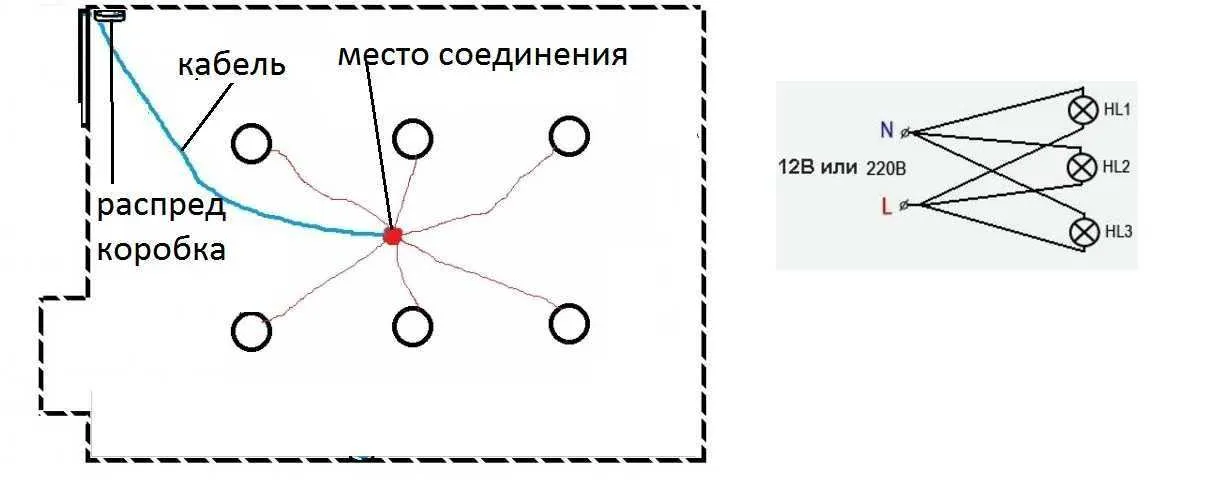 Пример исполнения лучевого подключения точечных светильников