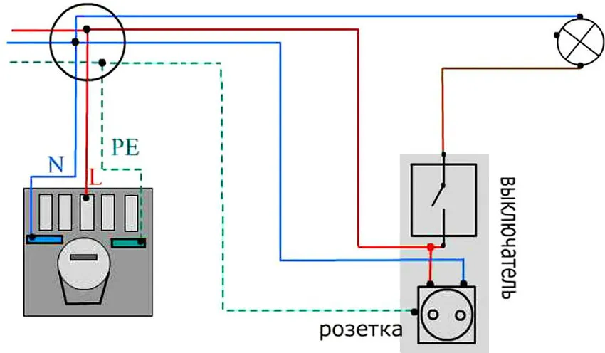Схема подключения розетки с выключателем