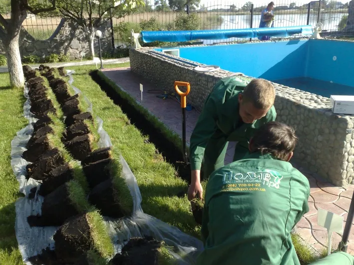 Если система устанавливается под уже готовый газон, то выкопанные его фрагменты и почву следует аккуратно уложить на пленку