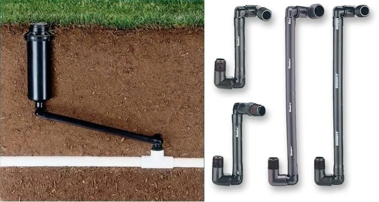 Для удобства подсоединения спринклеров полива к трубопроводу, фирма HUNTER выпускает специальные трубки различной длинны на концах которых закреплены углы с наружной резьбой, вращающиеся в различных направлениях.