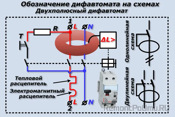 Обозначение дифавтомата на схемах